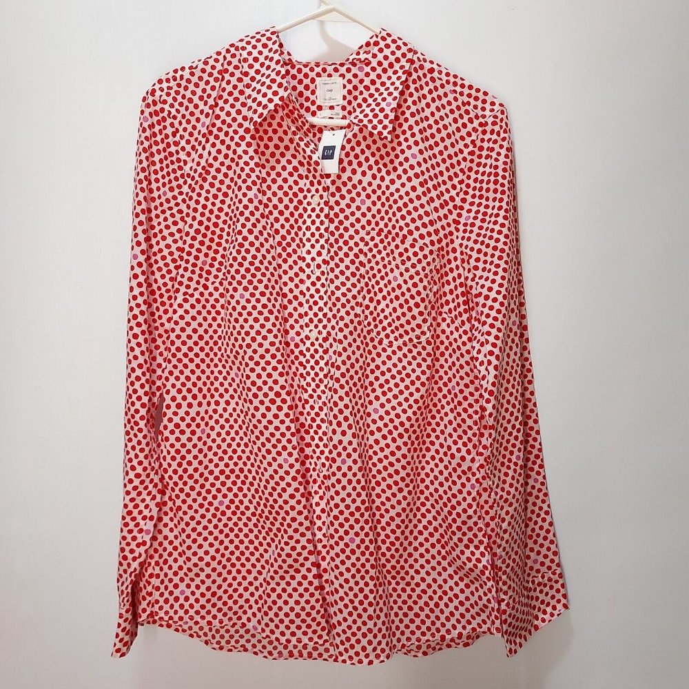 Designed Crafted Gap Fitted Boy Friend White Red Polka Dot Shirt Top Women, L